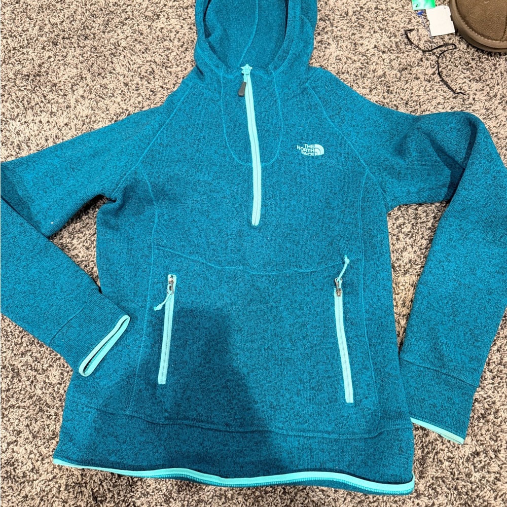The North Face Teal Zip-Up Hooded Fleece with Mint Trim